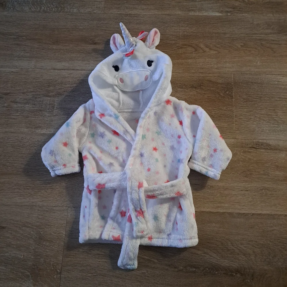 HB White Unicorn Hooded Plush Robe Multicolor Stars Belt Baby's Size 0-9 Months